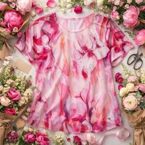 Avenue Pink Watercolor Floral Sequin Top Size 18/20 Short Sleeve Blouse